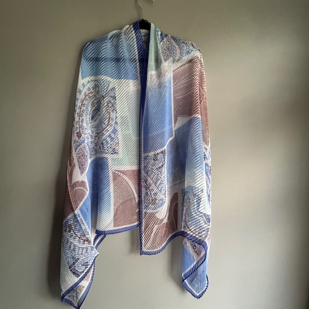 Chicos Womens Blue Brown Paisley Patchwork Pleated Wrap Scarf One Size